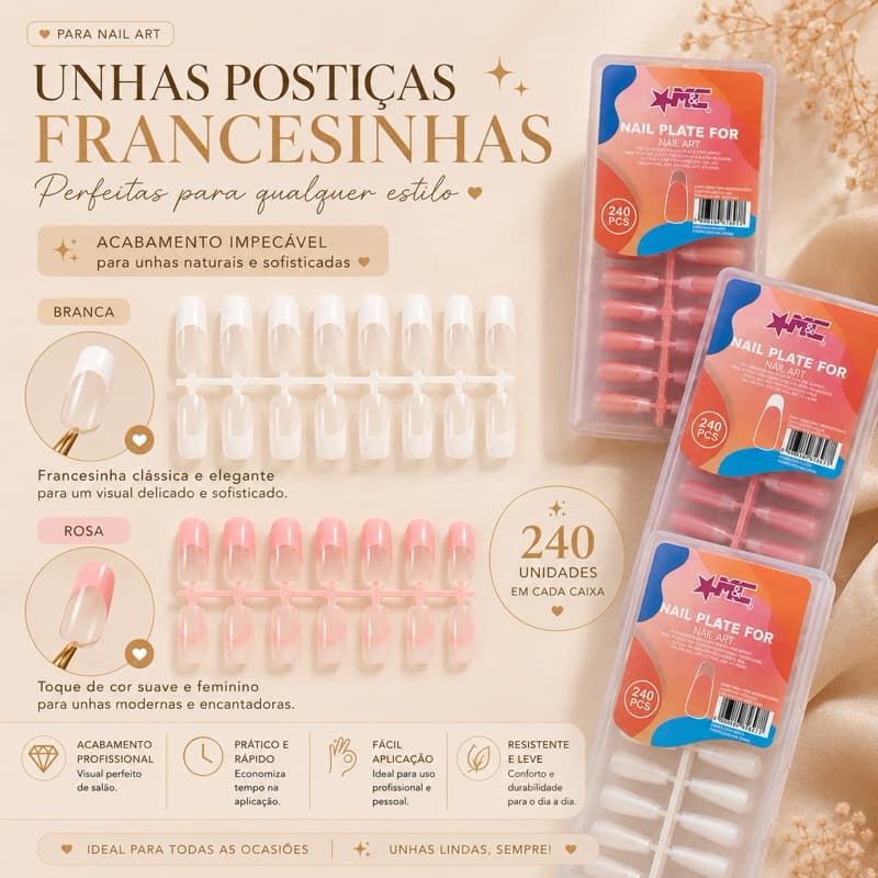 Unhas Postiças Francesinhas Coral Rosa Branca 240 Unidades Acabamento Impecável Visual Sofisticado Fácil Aplicação