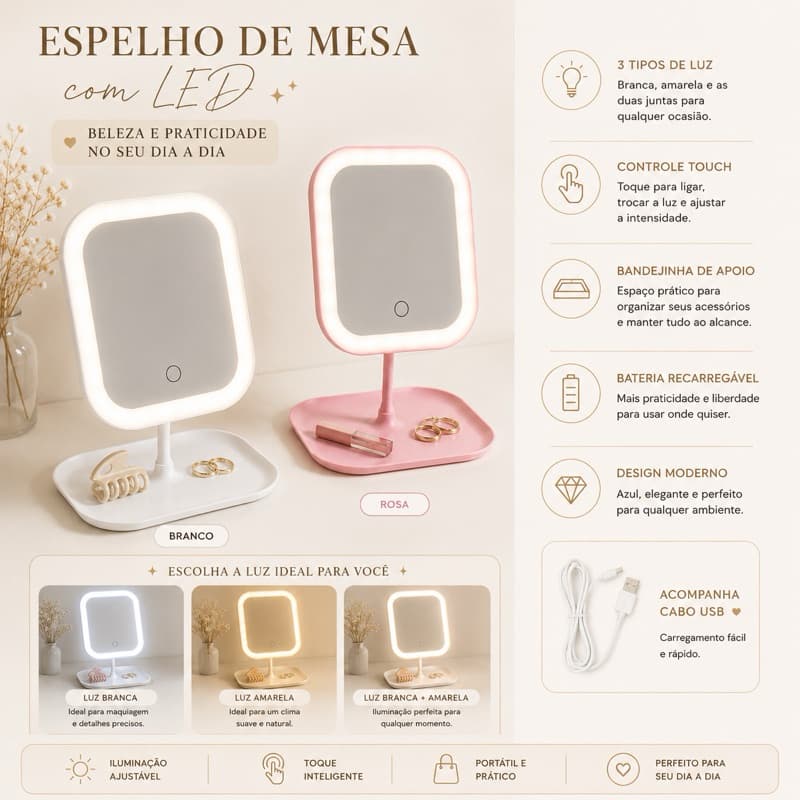 Espelho De Maquiagem Com Led Recarregável USB 3 Cores Luz Touch Screen Mesa Penteadeira Portátil Rotação 270° Premium