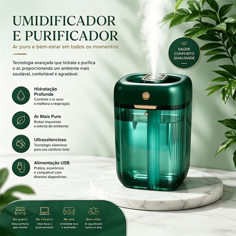 Umidificador e Purificador de Ar Verde 2800ml 4 Modos Abastecimento Topo Silencioso Luz Noturna USB Filtragem