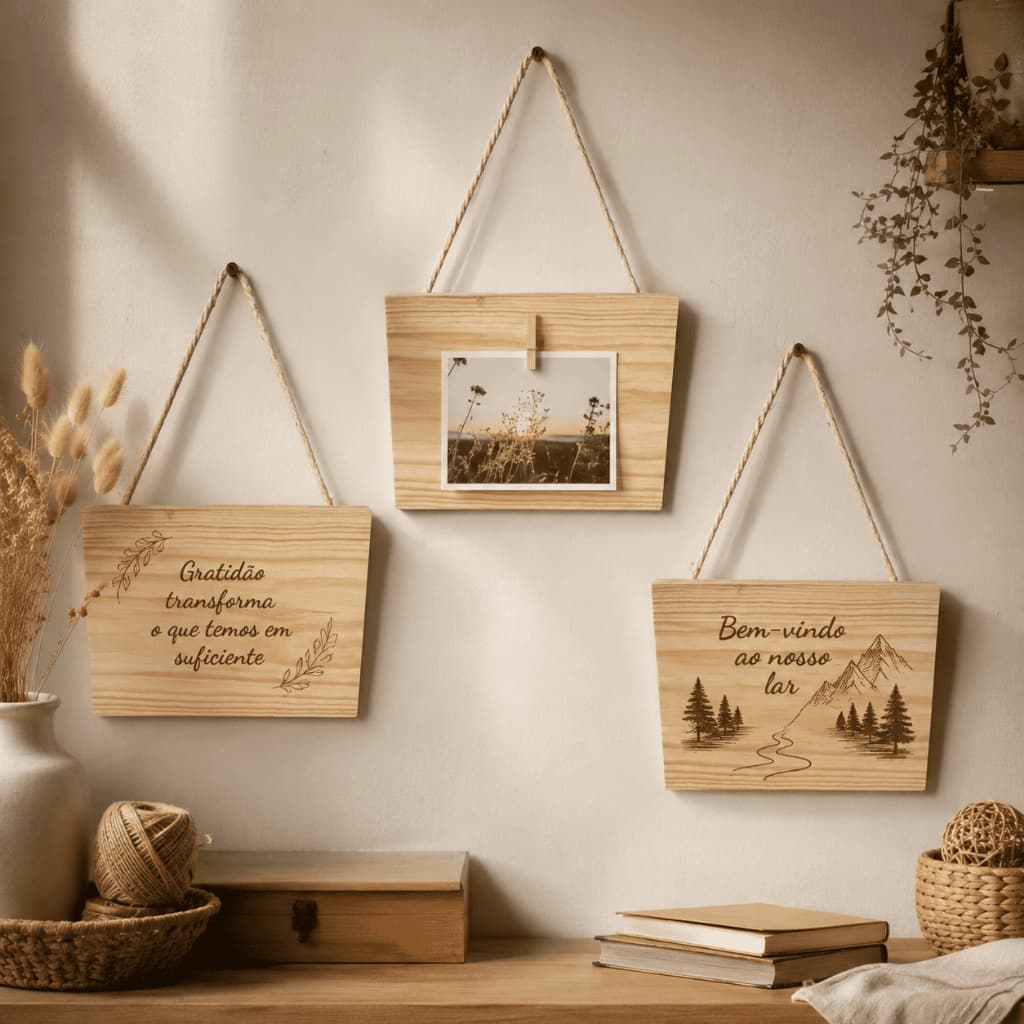 Kit 5 Placas Madeira Pinus Decorativa Com Corda Para Parede