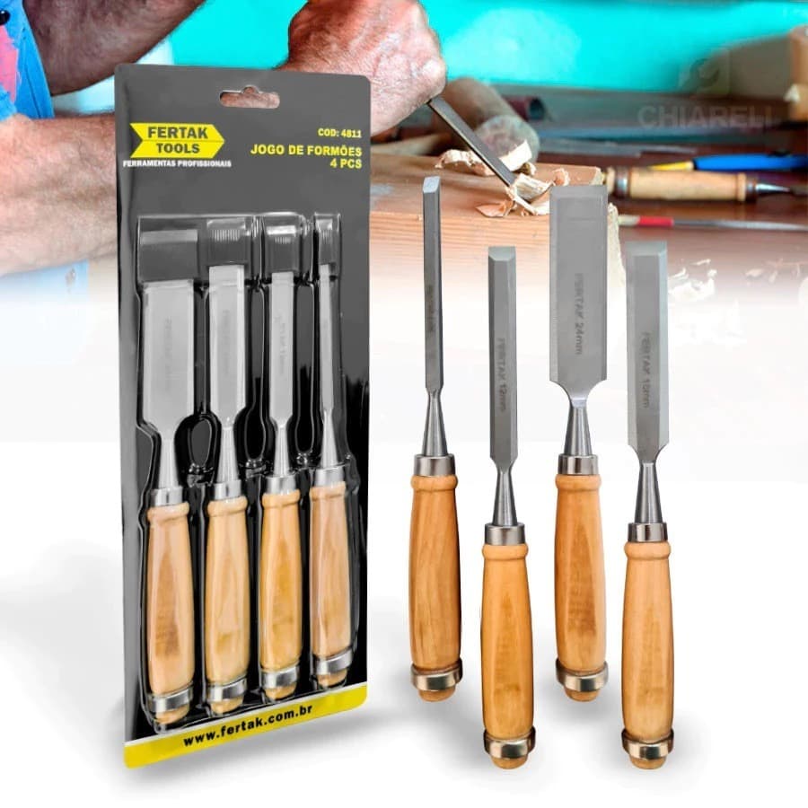 Jogo de Formões para Madeira 4 Peças Fertak Entalhador Profissional Aço Temperado 6 12 18 24mm