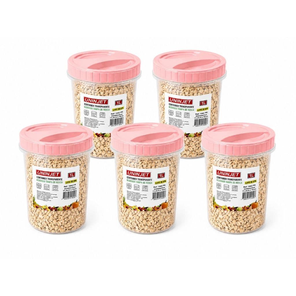 Kit 5 Potes Herméticos 1L Tampa Rosqueável Porta Mantimentos Organizador Cozinha BPA Free