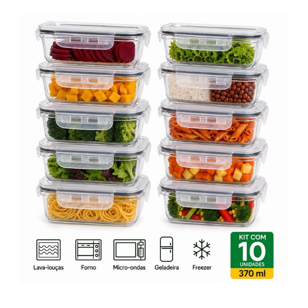 3, 6 ou 10 Potes Herméticos Porta Mantimentos 370ml Marmita Forno Fitness Tampa 4 Travas Não Vaza
