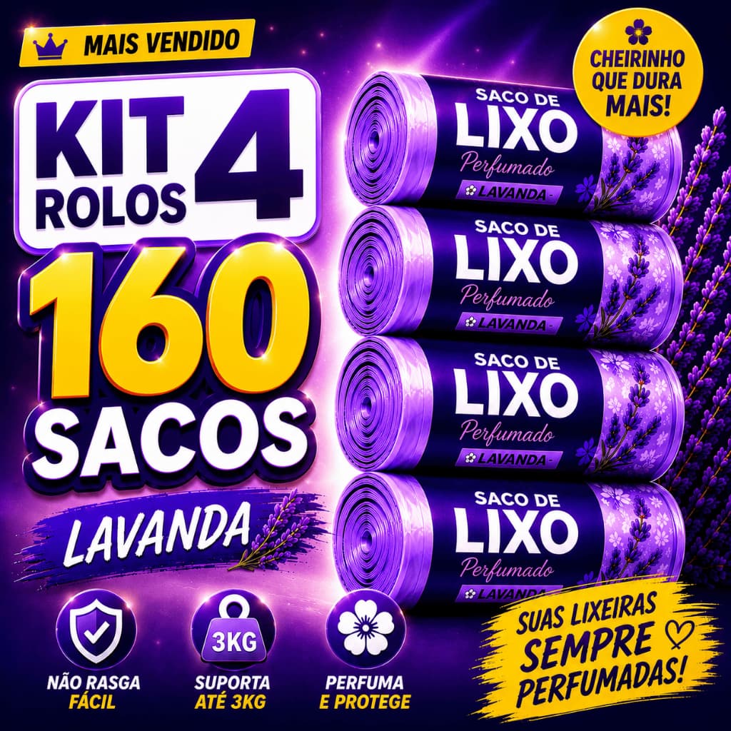 4 Rolos Saco Lixo Perfumado Lavanda 160 Sacos Resistente Para Banheiro Cozinha Lixeira 10L Anti Odor