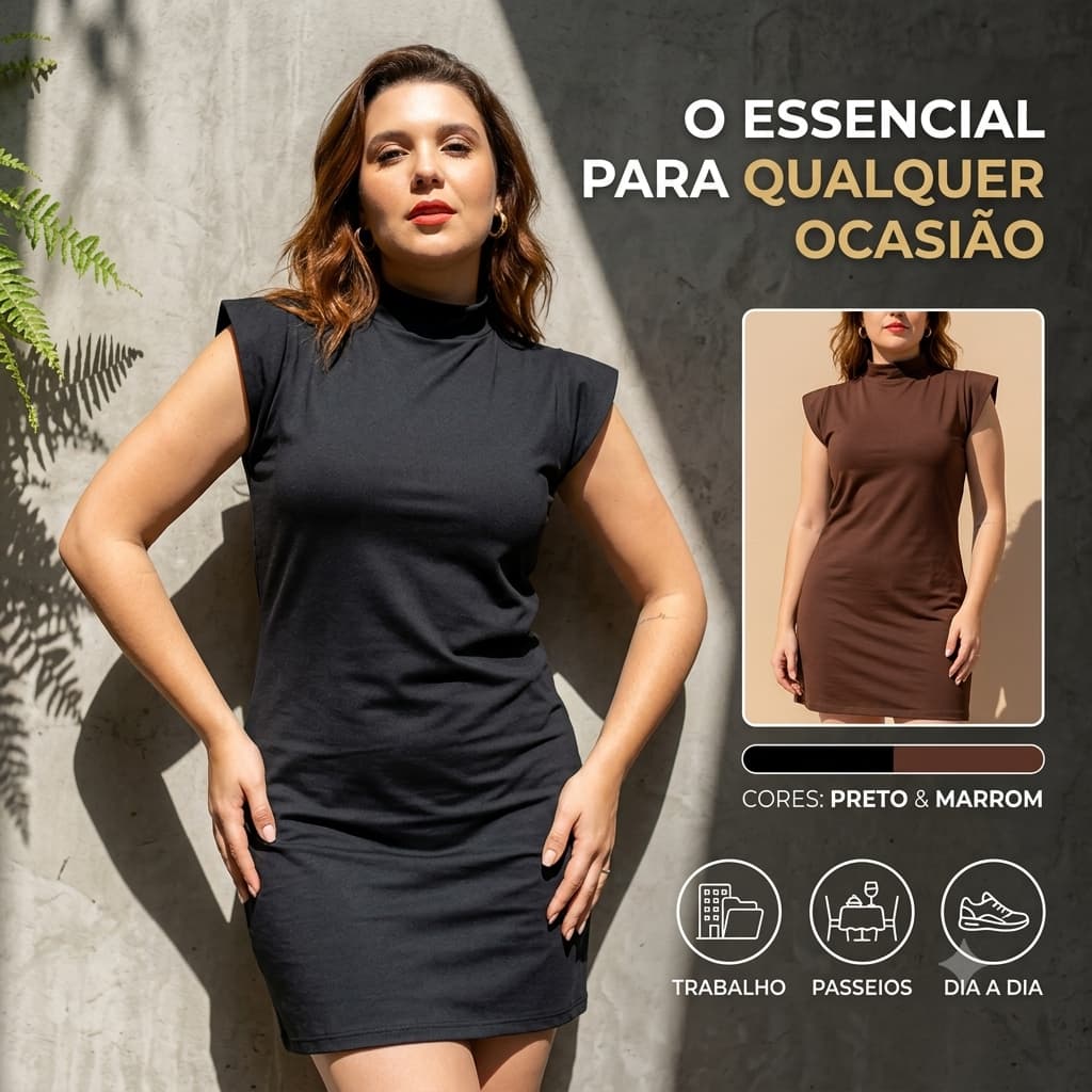 Vestido Feminino Curto Muscle Tee gola Alta Básico 100% Algodão Liso Manga Curta Confortável Pronta Entrega