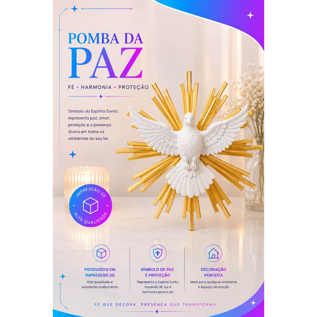 Decoração Pomba da Paz Branca 3D com Detalhes Dourados | Espírito Santo | Decoração Religiosa 3D