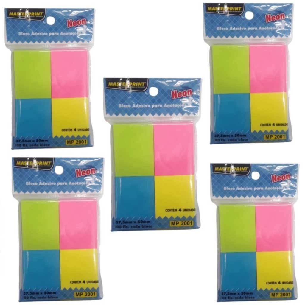 Kit 5 Blocos Adesivo Neon para Anotações 4 cores 2000 Folhas Masterprint