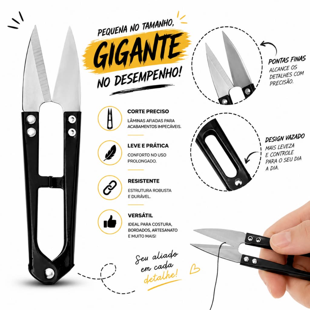 6 Tesouras Metal Corte Arremate Acabamento Bordados Crochê Trico Tecelao Profissional Metal Pic para Tranças Lace e Mega