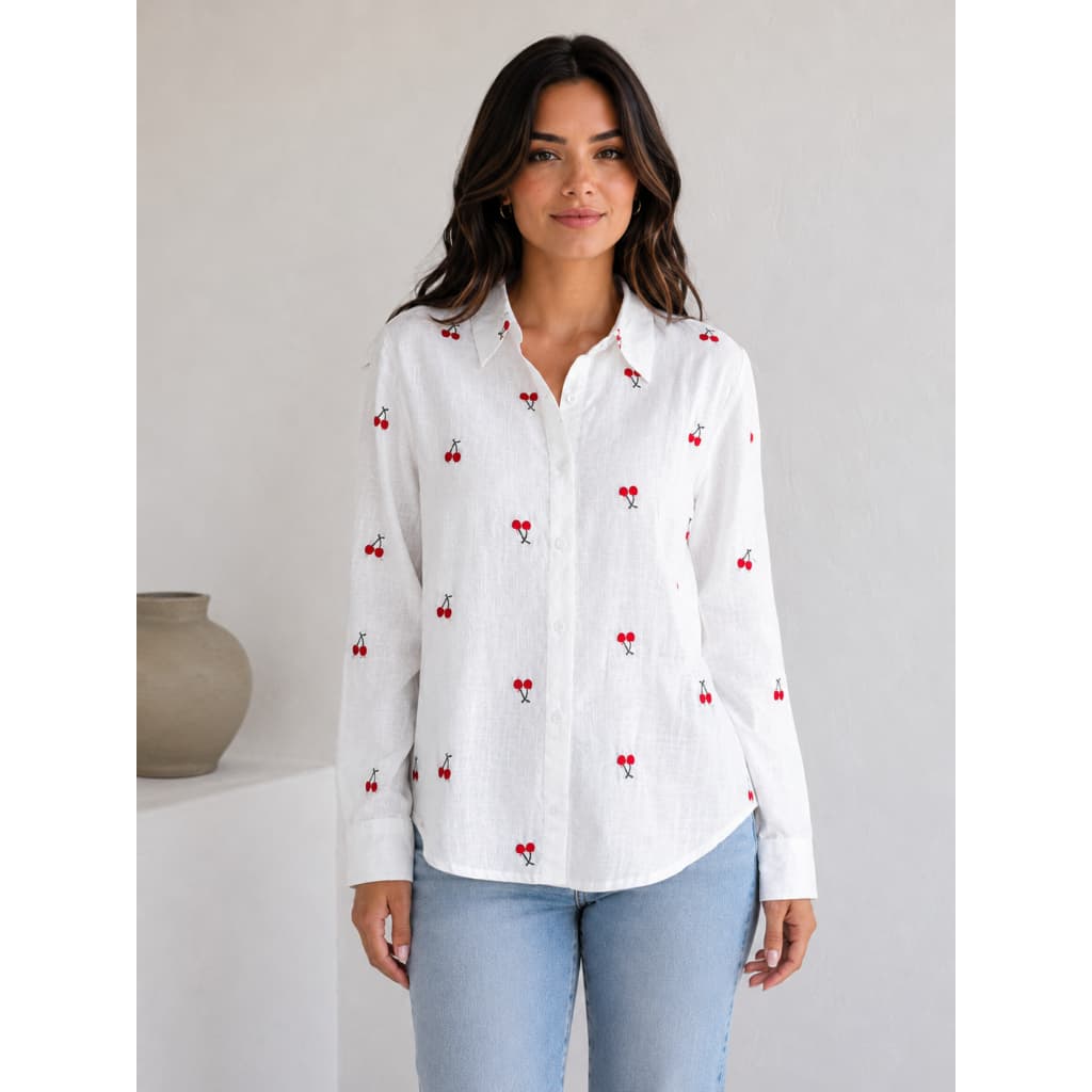 Camisa Feminina Manga Longa Branca em Linho com Bordado, Estilo Casual Fofo para Primavera e Verão