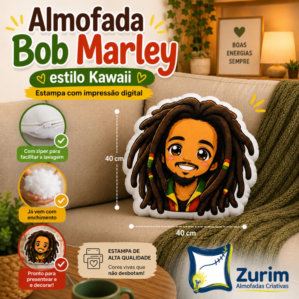 Almofada  Bob Marley estilo Kawaii - Reggae - Presente - Decoração - Criativo Com enchimento