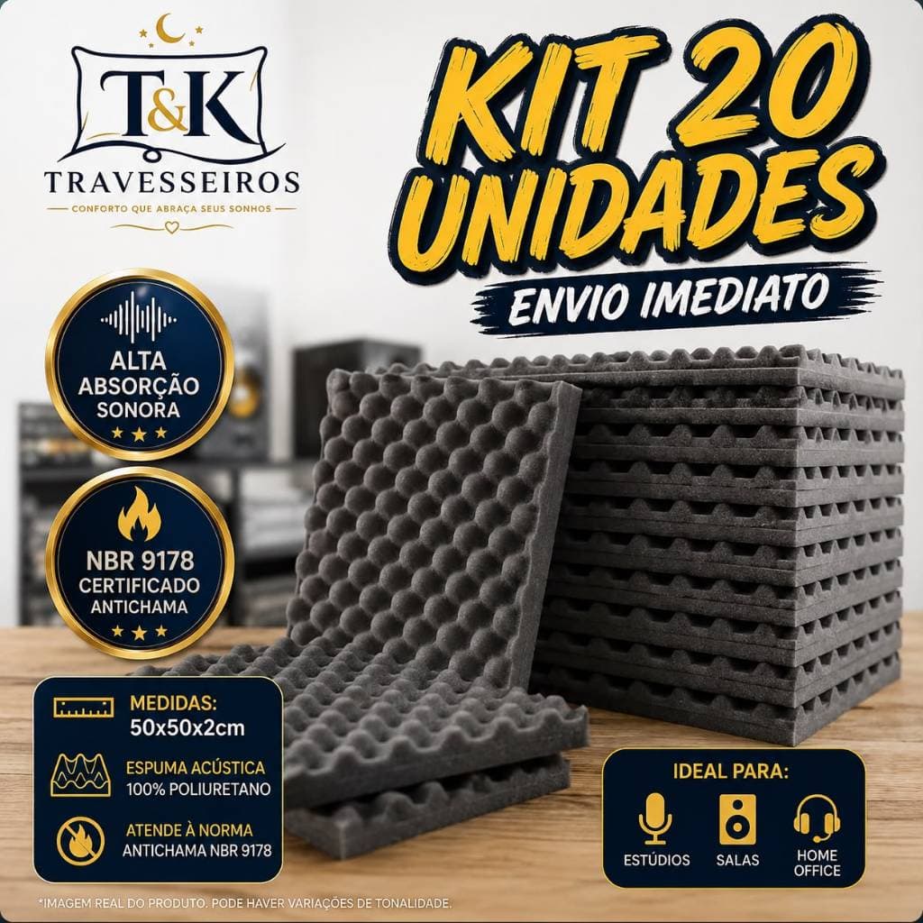 Kit 20 Placas Acústicas Espuma 50x50x2cm Antirruído Isolamento Parede Estúdio Antichama