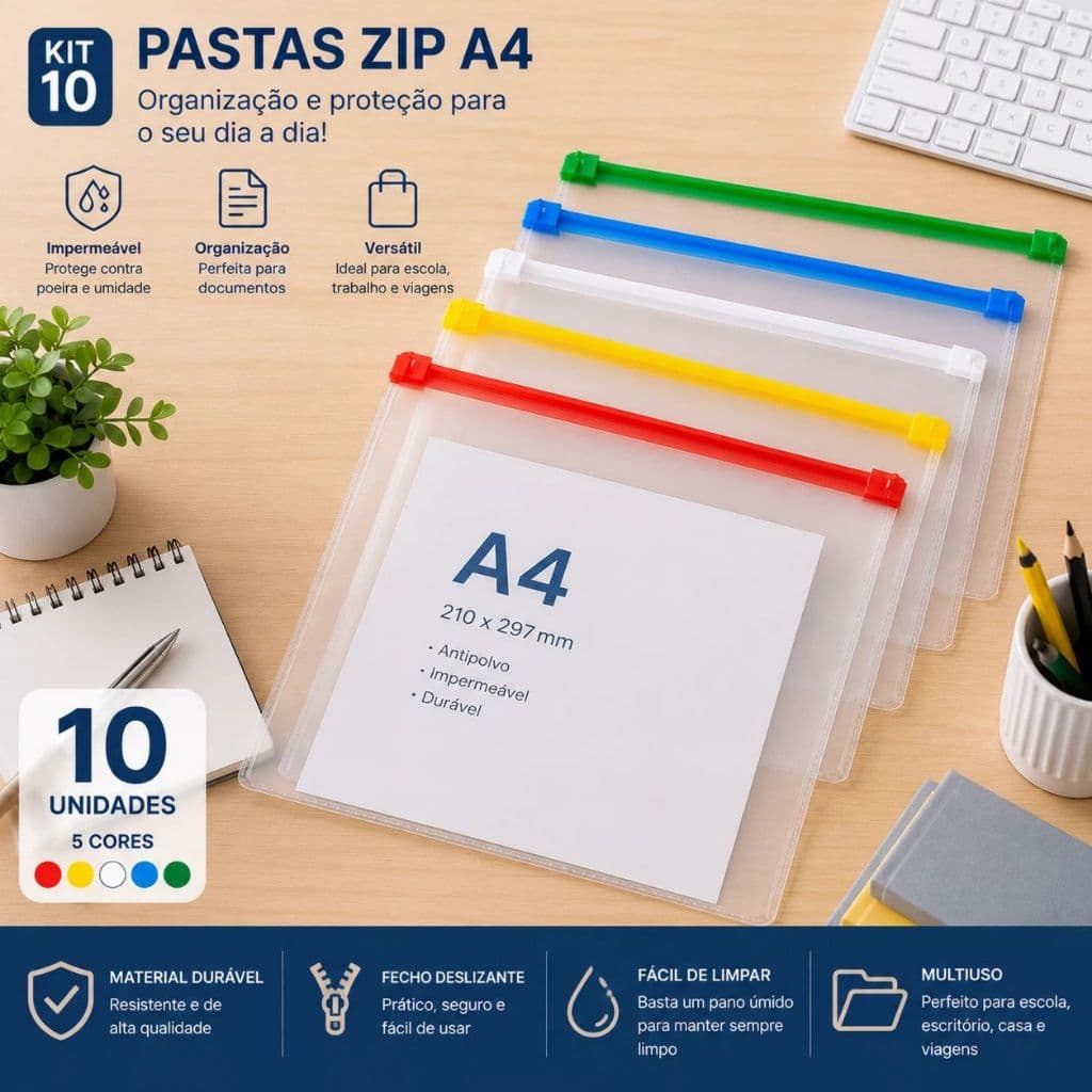 Kit Pasta A4 Transparente Porta Documentos Plástico com Zíper fechadura 21x29,7cm cor aleatória