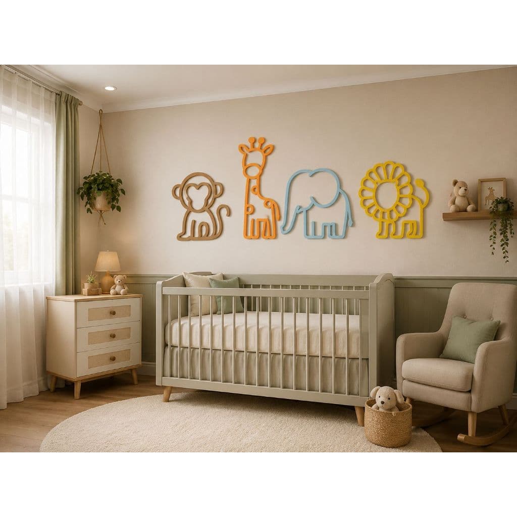 Kit Quadros Safari Quarto de Bebê 4 Peças / Decoração Infantil |🦁 Macaco, Girafa, Elefante, Leão | com Fita Dupla Face