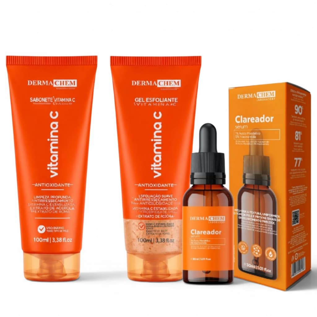Kit Skincare Vitamina C Dermachem Clareador Facial Completo | Sabonete + Gel Esfoliante + Sérum Anti Manchas