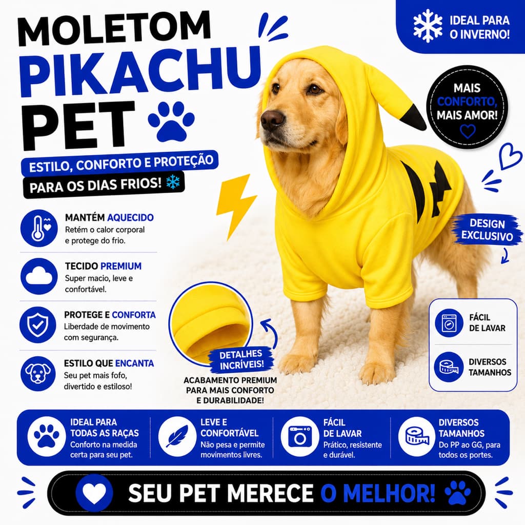 Roupinha Pikachu Cachorro Personagens Pokemon tamanho G Golden Pitbull Tam 12