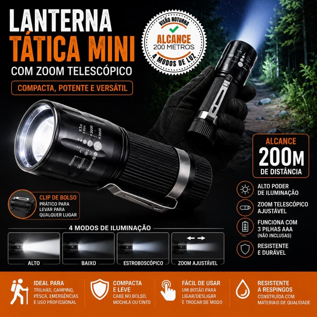 Lanterna Tática Mini LED Alto Brilho Zoom Ajustável Alumínio Portátil Camping Pesca Trilha