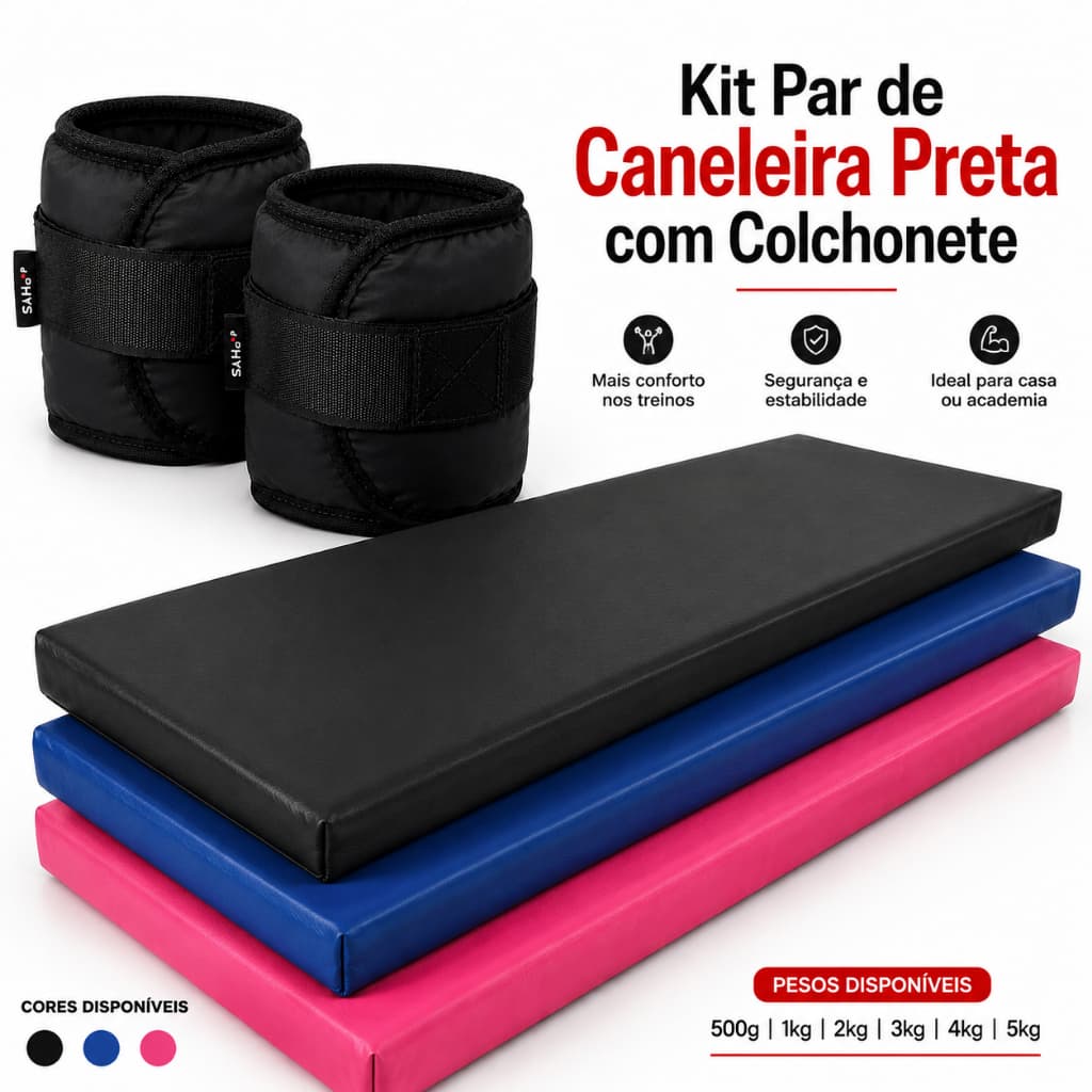 Kit Colchonete Fitness + Par de Caneleiras Pretas 1kg 2kg 3kg 4kg 5kg Academia Musculação