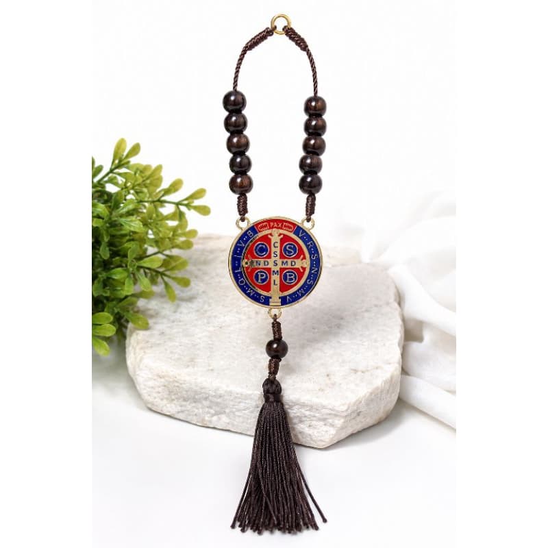 Terço para Carro São Bento Medalha Proteção Veicular Pingente Retrovisor Católico com Tassel