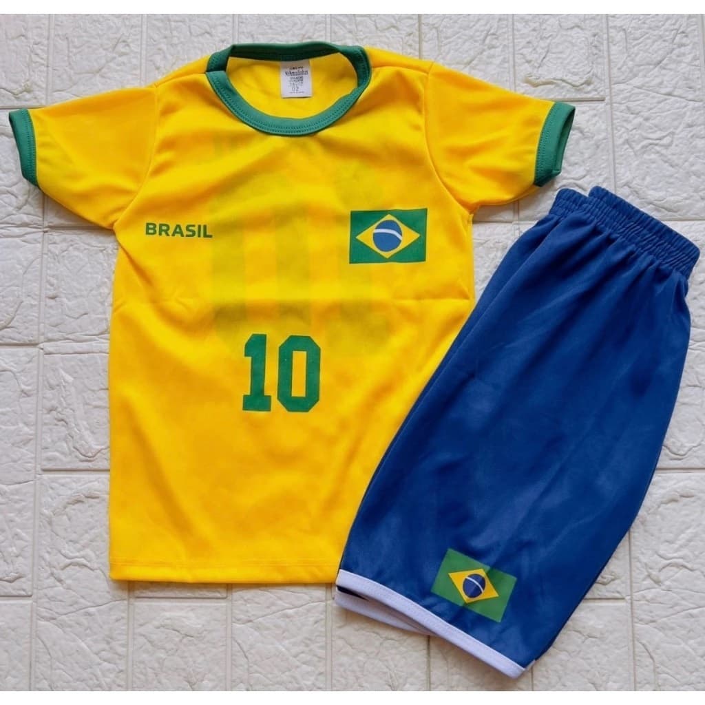 Kit Conjunto Brasil Infantil Camiseta E Bermuda Do Tam 2 Ao 8 Roupa Tematica Futebol Copa Do Mundo Meninos Para Presente