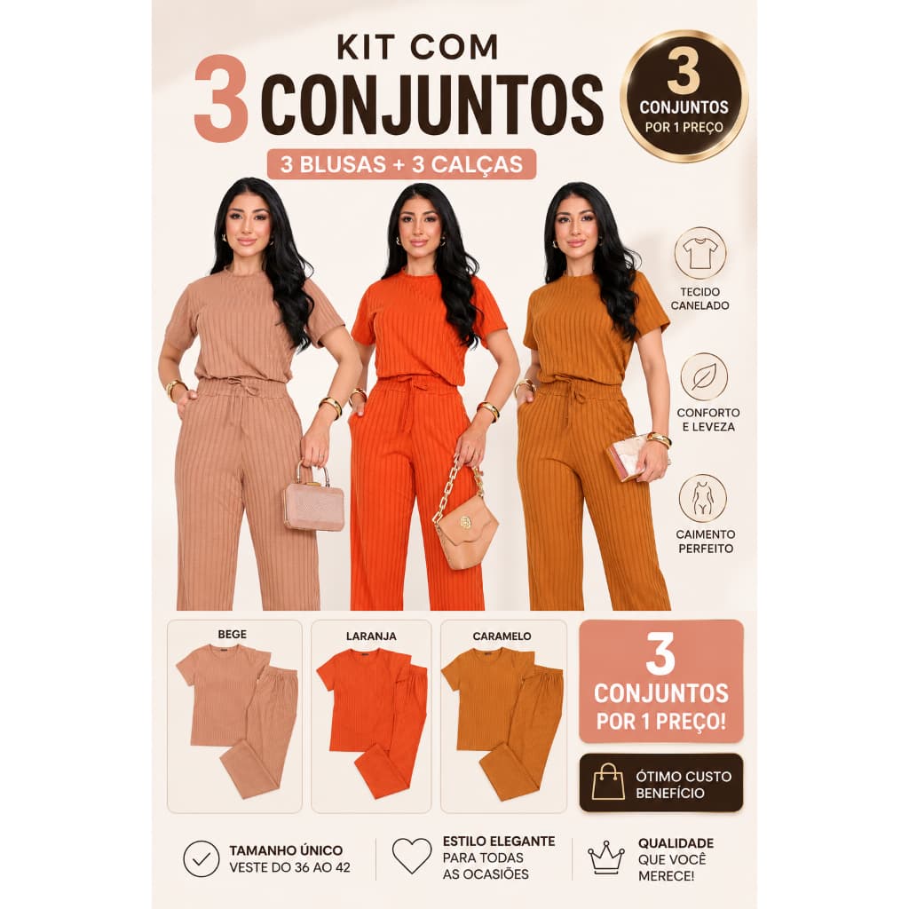 Kit 3 Conjuntos Femininos Canelado Social Casual Blusa e Calça Conforto Premium