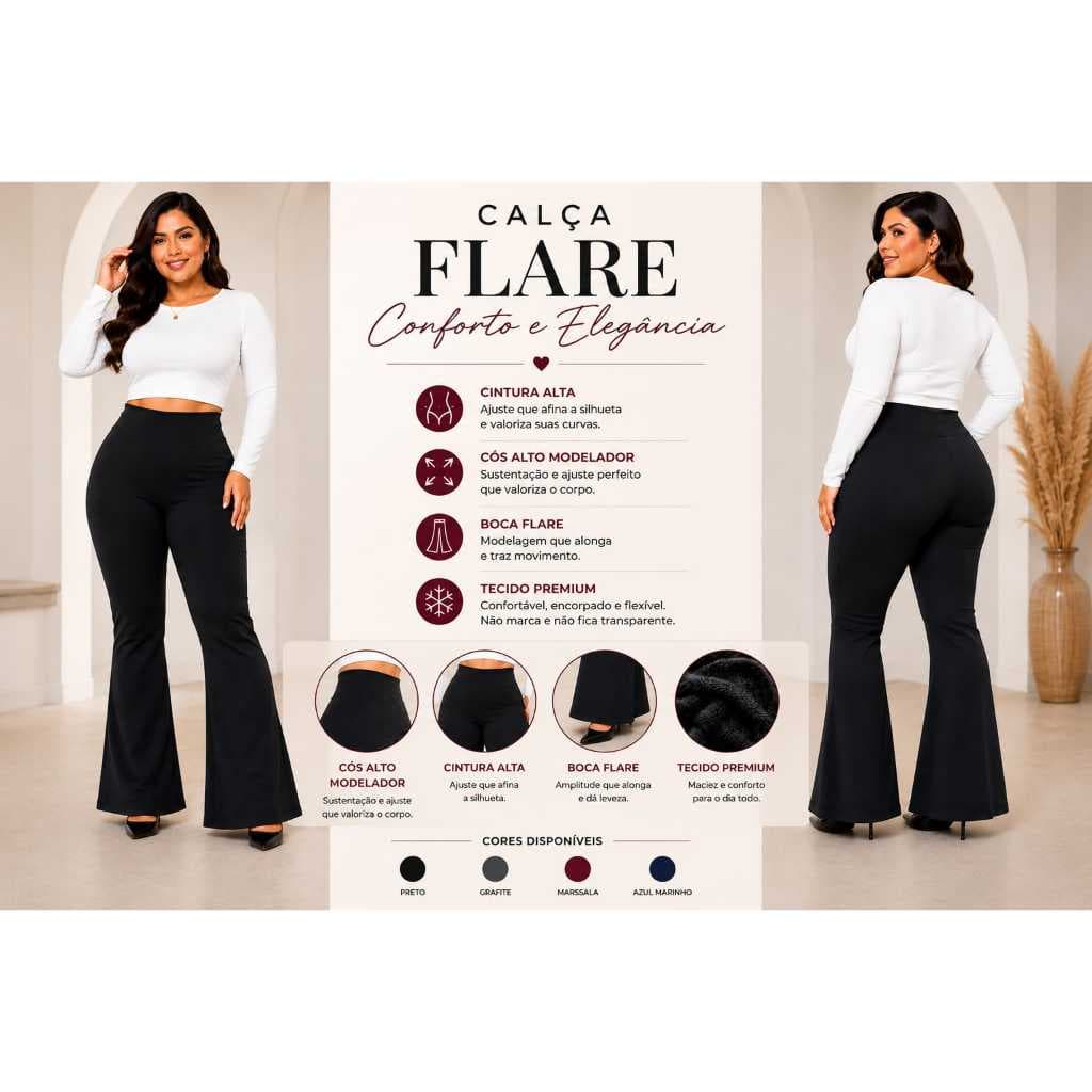 Calças Legg Flare Felpada Feminina Cintura Alta Peluciada zero tranasparencia
