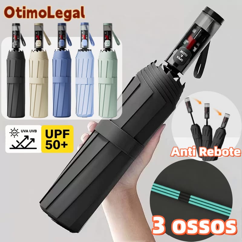 Guarda-Chuva Automático Antirrebote Dobrável para Sol e Chuva Resistente ao Vento Proteção UV 118cm
