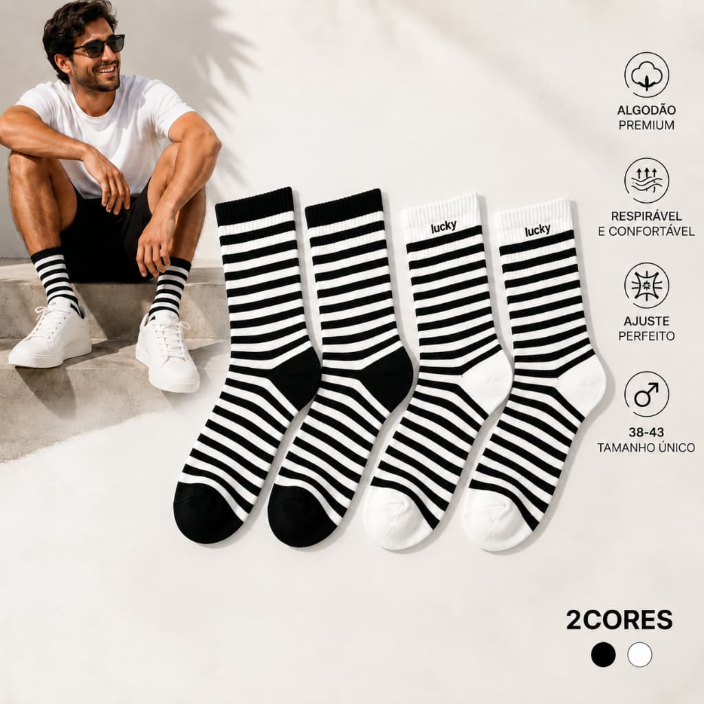 Meia Masculina Cano Médio Listrada Estilo Streetwear 38-43