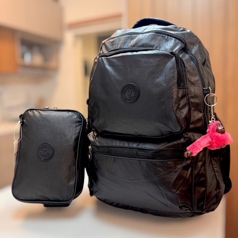Kit Mochila feminina metalizada  + estojo escolar Impermeável Faculdade Trabalho Viagem Reforçada