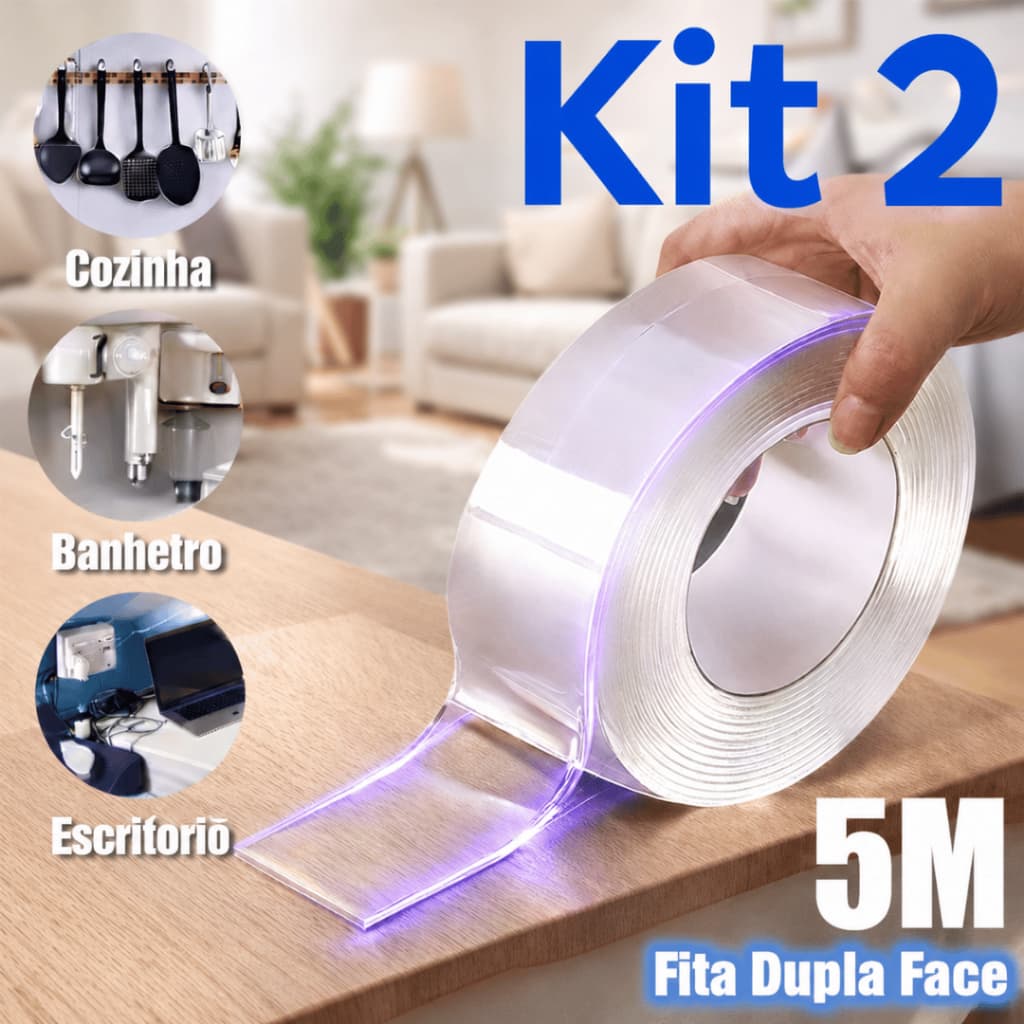 Fita Dupla Face 3/5 Metro Transparente Extra Silicone Adesiva Forte NanoGel Lavável Cola na ParedeMóvel