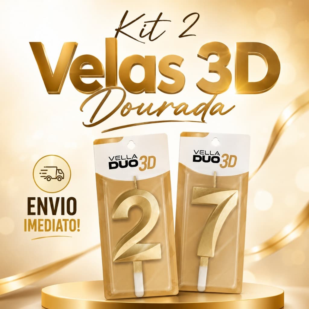 Kit 2 Velas 3D Numerica Vella Dou Popper Dourado Festa