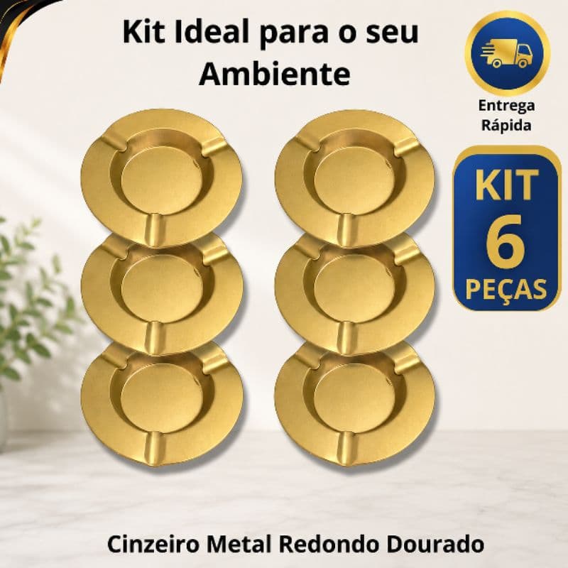 Cinzeiro Redondo Dourado Metal Resisntente Lavável - 3 ou 6 Peças
