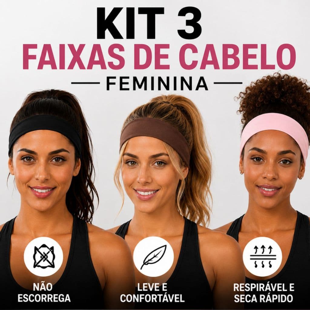 Kit 3 Faixas de Cabelo Poliamida Elastano Feminina Esportiva Antiderrapante Academia Corrida Treino Yoga