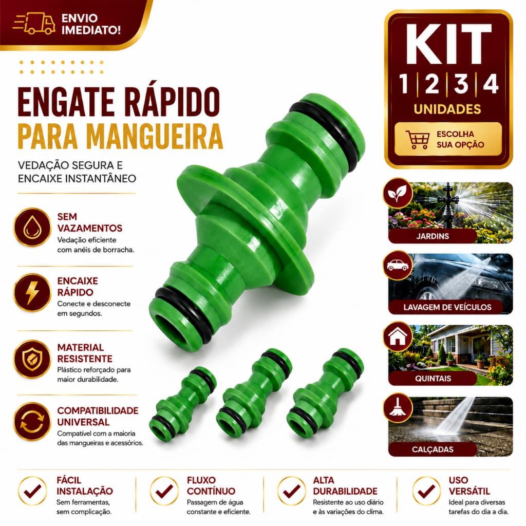 Engate Rápido Duplo 1/2/3/4 Emenda Universal para Mangueira Jardim Conector União com Vedação Reforçada