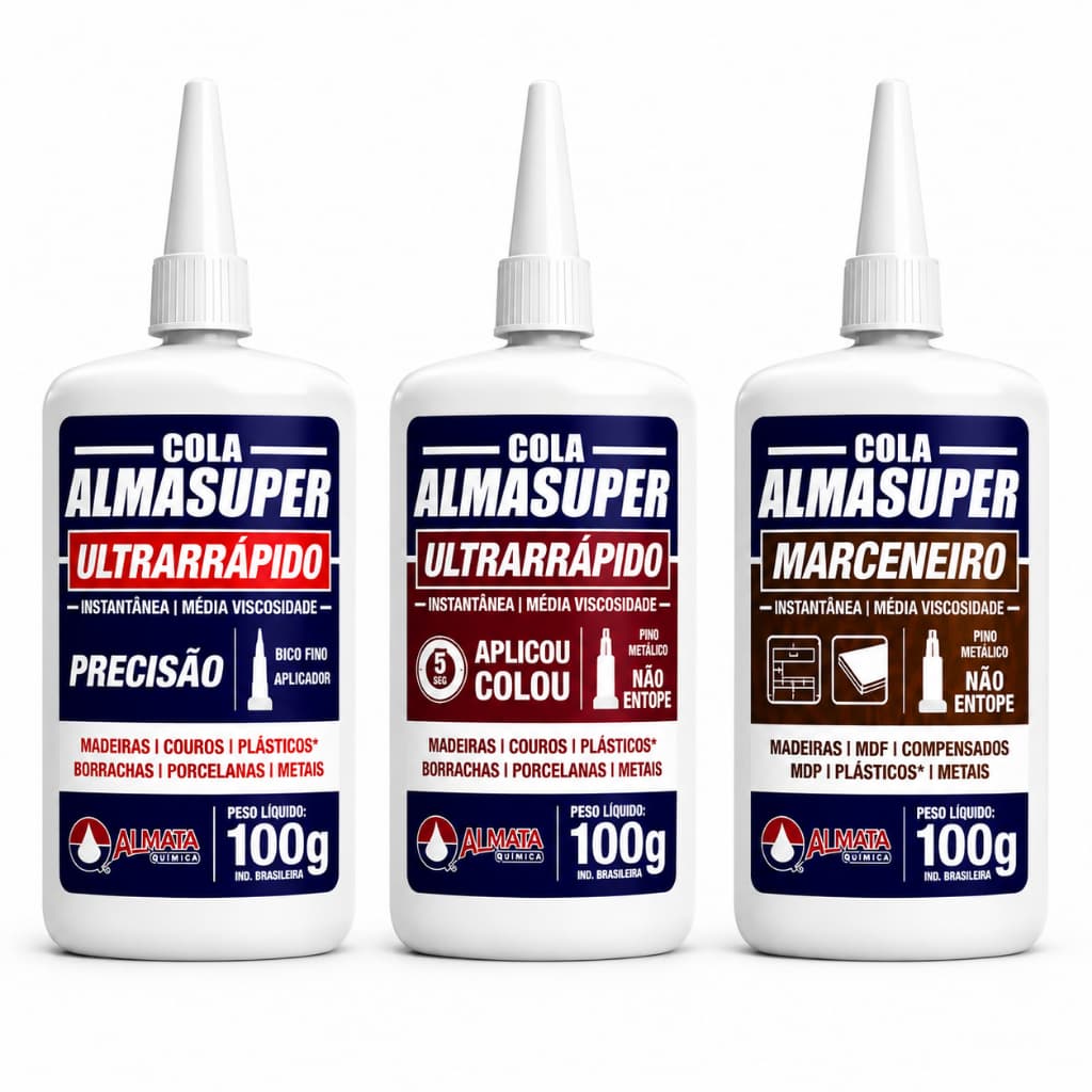 Kit 3 Colas Instantâneas Alma Super 100g Bico Fino Anti Entupimento Alta Fixação