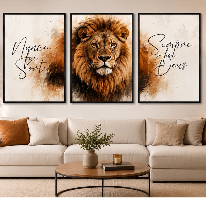 Kit 3 Quadros Decorativos Leão Nunca Foi Sorte Sempre Foi Deus Quadro Religioso Sala Quarto