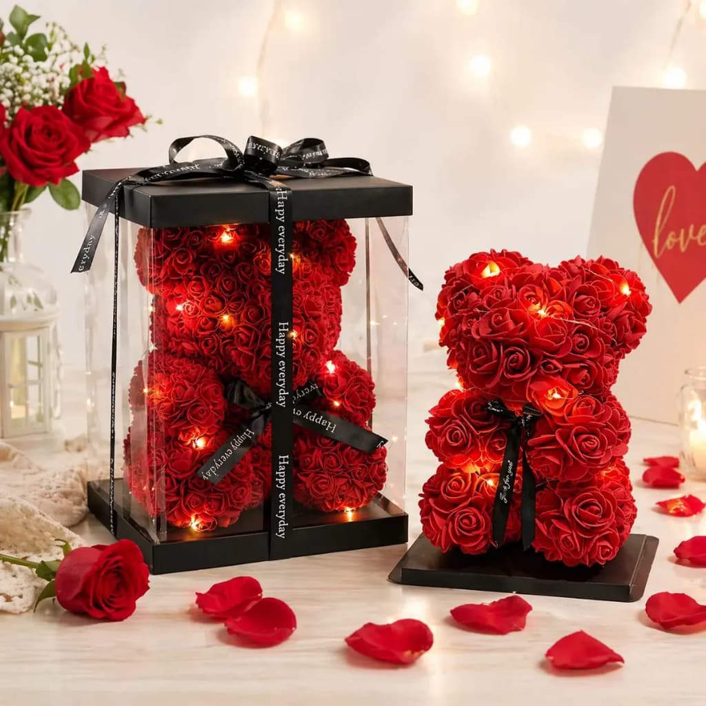 Urso De Pelucia De Rosas Artificiais Com Led Caixa Presente
