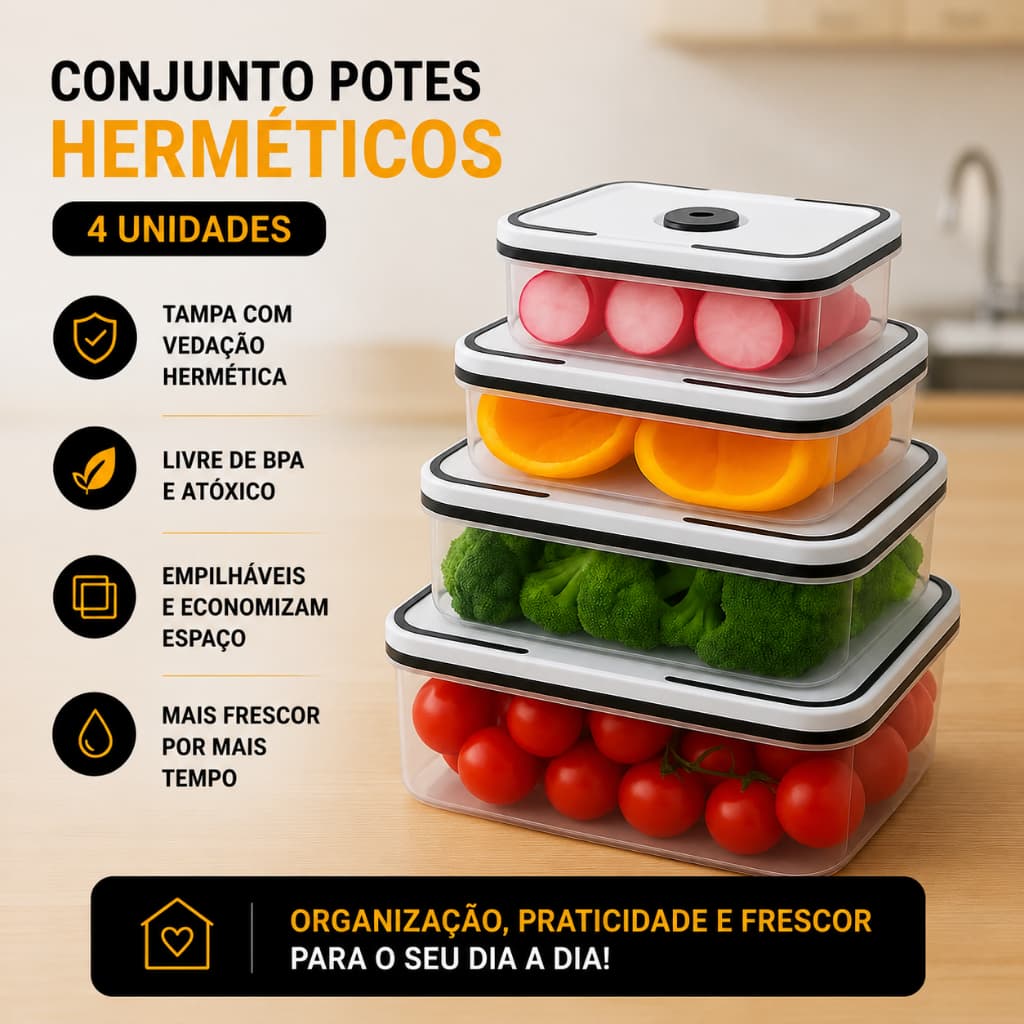 Kit 4 Potes Herméticos Plástico com Tampa Vedação para Alimentos e Mantimentos organizados/Geladeira