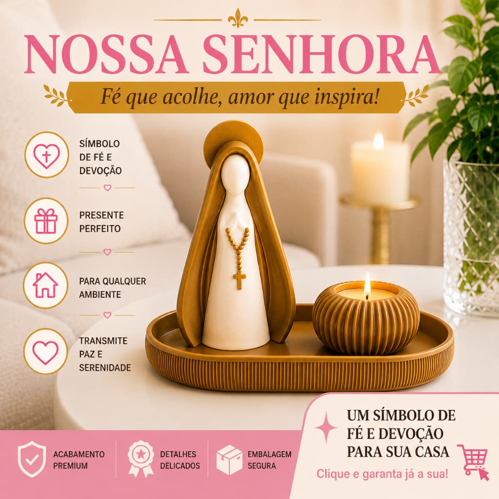 Kit Nossa Senhora Aparecida 3D com Bandeja e Porta-Vela | Decoração Religiosa