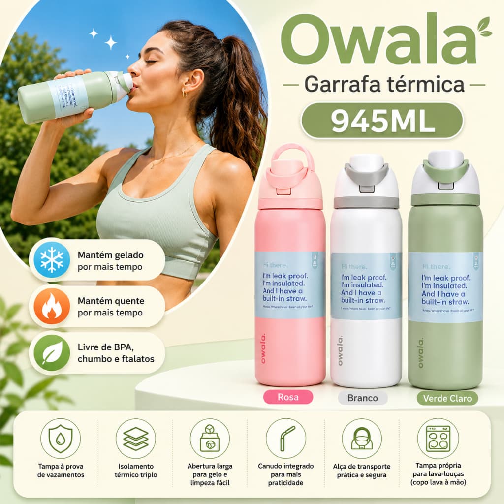 Garrafa Térmica Esportiva Inox Owala 750ml Tripla Isolação Anti Vazamento Com Alça Academia e Viagem