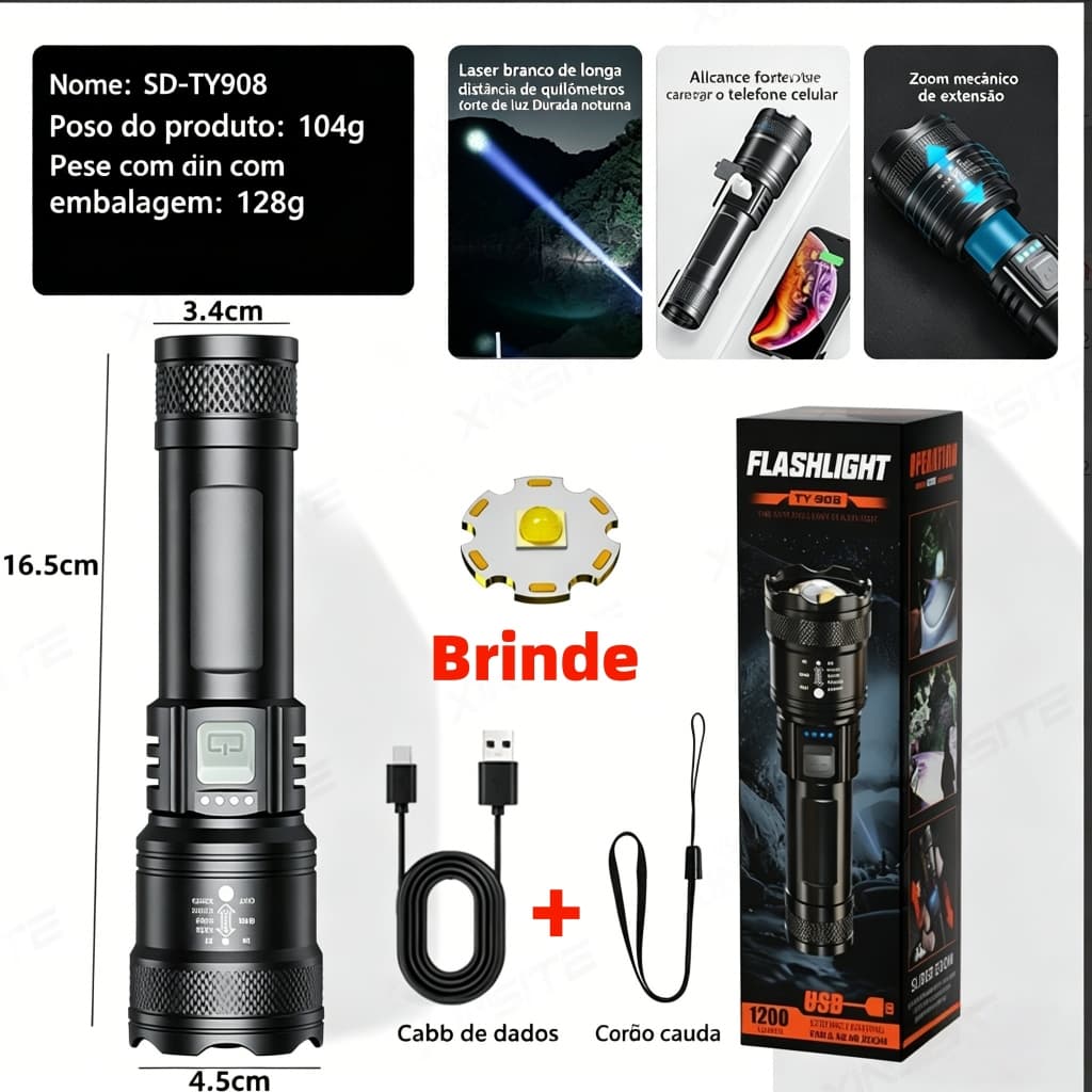 Lanterna Tática LED Militar Forte 4 em 1 USB Recarregável Zoom Longo Alcance Resistente à Água para Camping e Emergência