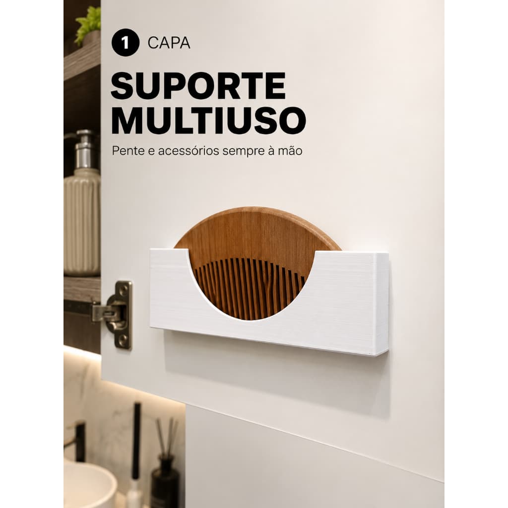 Suporte Organizador para Pente de Madeira Masculino para Banheiro Compacto Parafuso ou Fita
