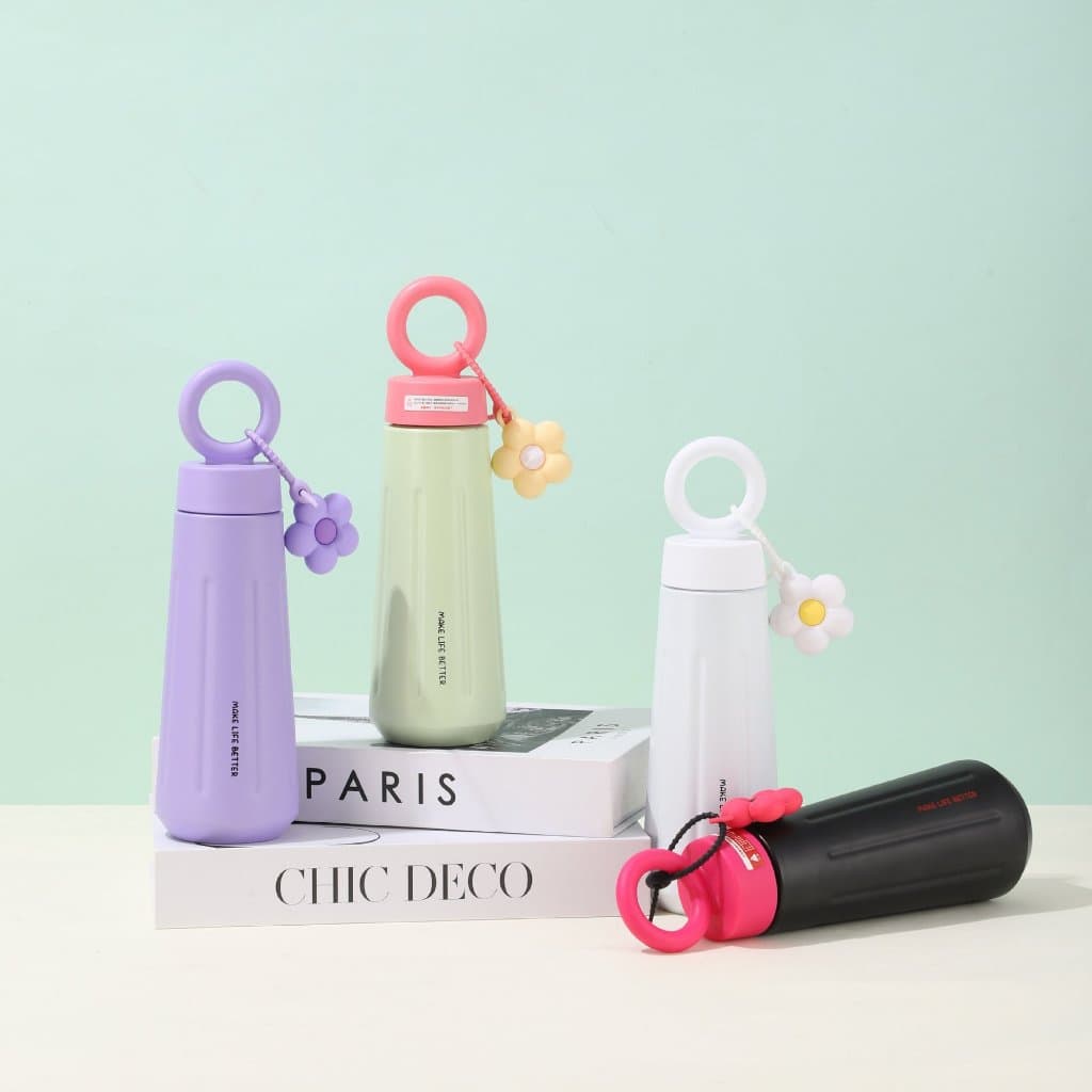 Garrafa Térmica Squeeze Portátil 450ml Aço Inox com Chaveiro de Flor