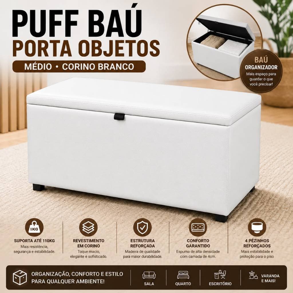 Puff Baú Porta Objetos Médio BRANCO CORINO Organizador Reforçado Decorativo