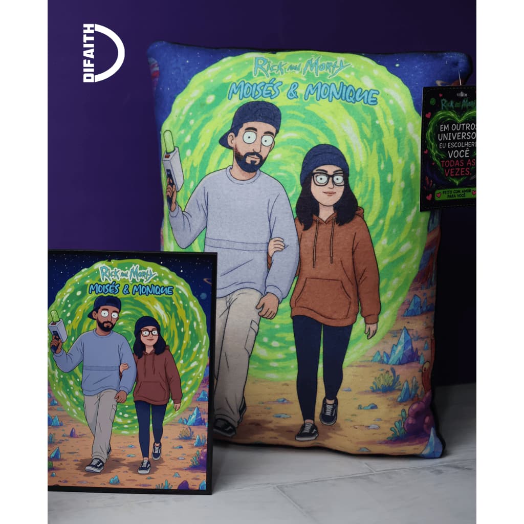 Almofada Personalizada Casal Tema Rick and Morty 27x33cm | Envie Sua Foto + Nome | Presente Criativo Namorados