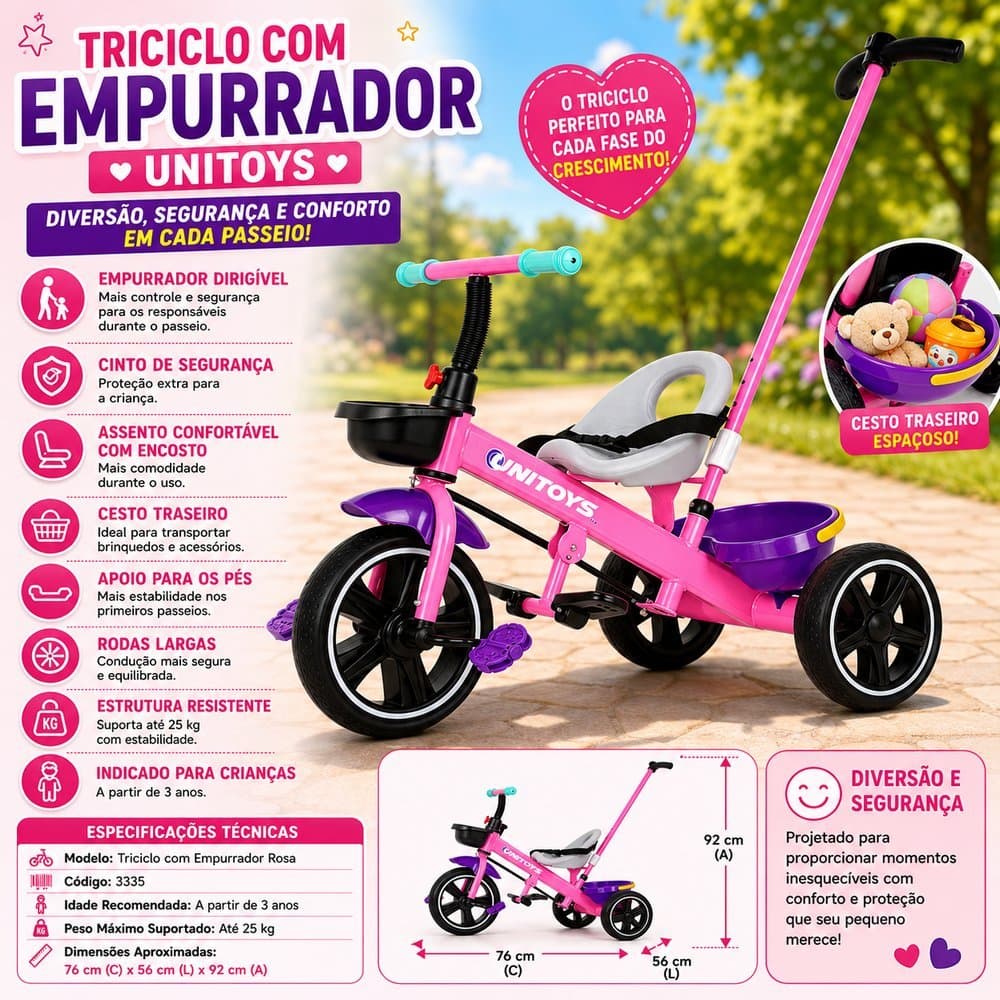 Triciclo com Empurrador Candy - Rosa -Rosa com Roxo - Azul