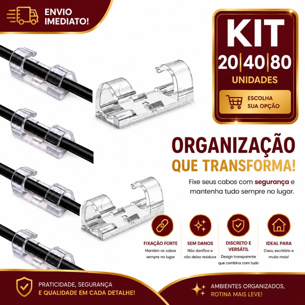 Clip Organizador de Cabos Usb Transparente 20/40/80 com Fita Dupla Face Prendedor de Fios Adesivo