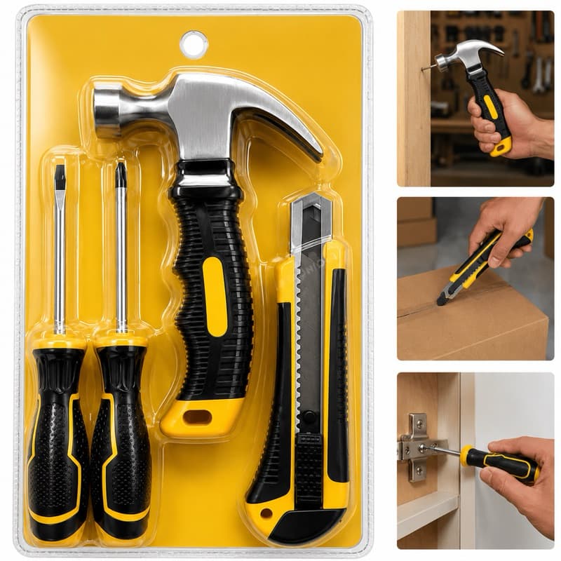 Kit Ferramentas 4 Peças Martelo Chave Fenda Phillips e Estilete Multiuso BOM3132