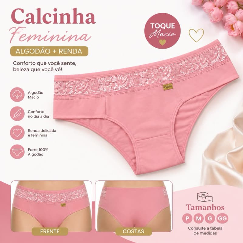 KIT CALCINHA CINTURA ALTA Conforto Microfibra com Renda Confortável dia a dia Feminina