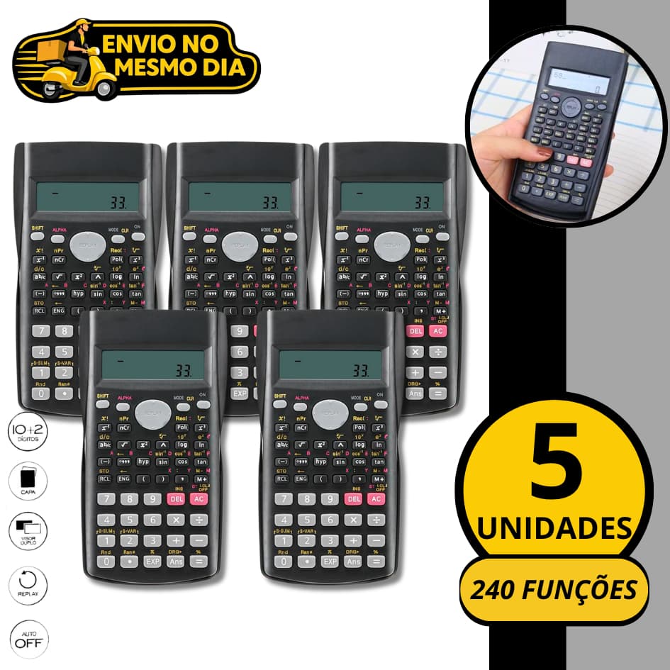 KIT 3/5 Calculadora 240 Funções Cientifica A Pilha Financeira Matemática Escolar Faculdade Trabalho 2 Linhas Barata