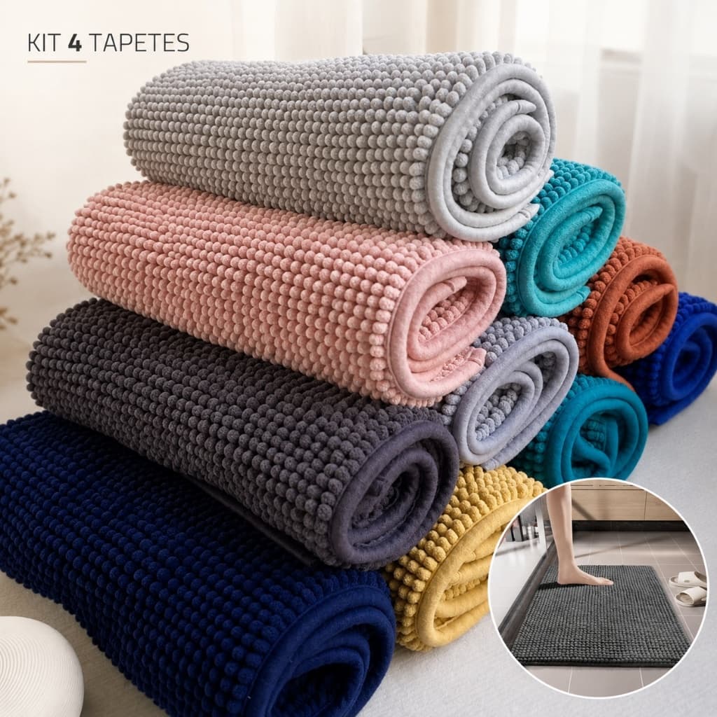 KIT 4 Tapetes Microfibra Antiderrapante 40x60cm Microfibra Bolinha